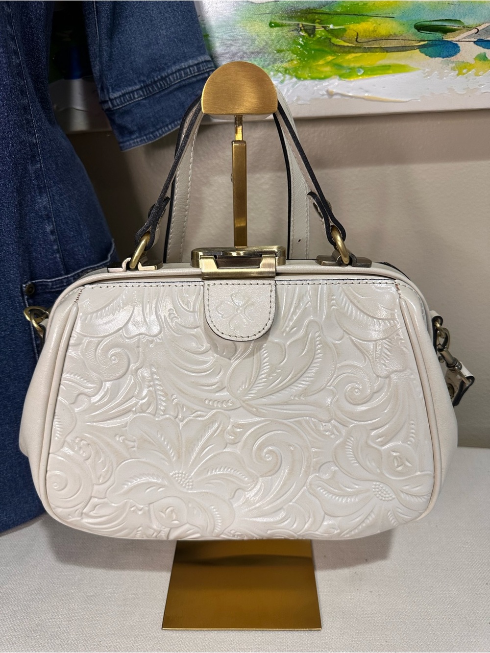Patricia Nash Mia Frame Embossed Floral Top-Handle Satchel in Cream